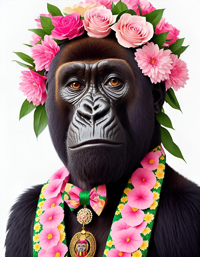 Gorilla funny portrait with flowers Painting by Vincent Monozlay