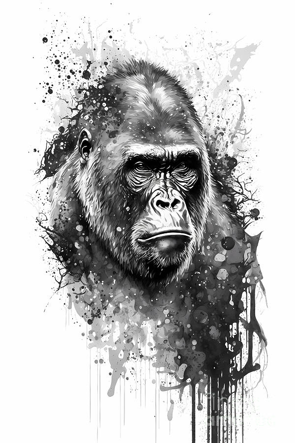 Gorilla Ink Drawing In Splash of Inked Black and White Animal Intricate ...