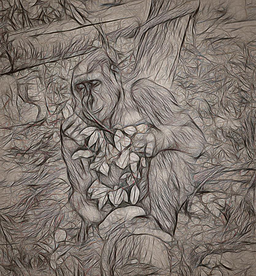 Gorilla Inspecting Leaves Sepia Digital Art