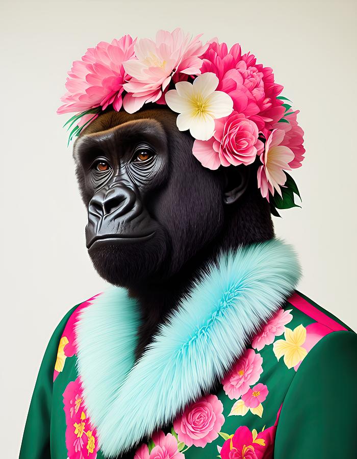 Blossoming Love, A Playful Gorilla Mums Portrait Painting by Vincent Monozlay