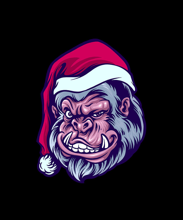 Gorilla yeti christmas Illustration with santa hat Digital Art by ...