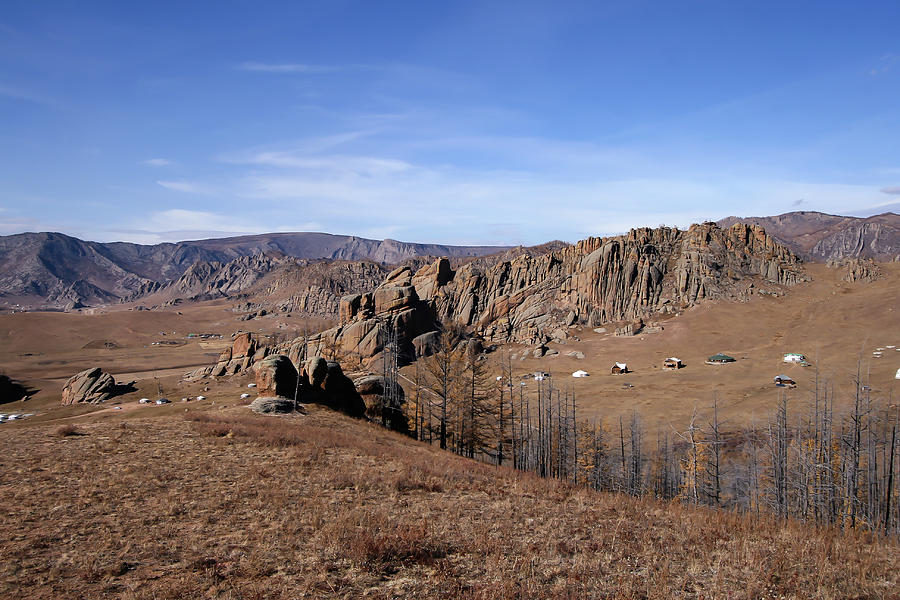 Gorki Terelj National Park, Mongolia, A Dry Landscape Of Rocks, Trees And Gers Photograph