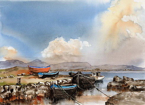 Gorumna Pier, Connemara Painting by Val Byrne