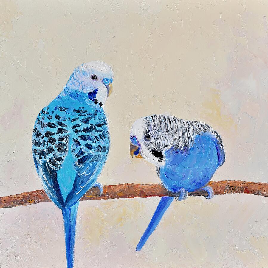 Gossip, budgerigars painting Painting by Jan Matson Gossip, budgerigars painting Painting by Jan Matson