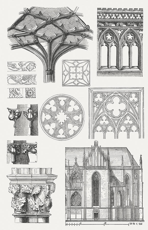 Gothic architecture elements, wood engravings, published in 1876. Drawing by Zu_09