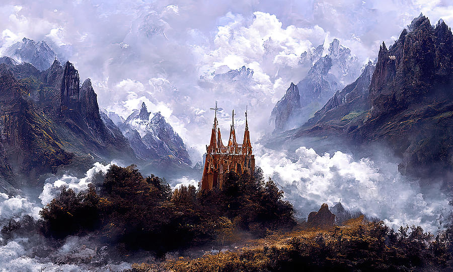 Gothic Cathedral Among The Mountains Painting