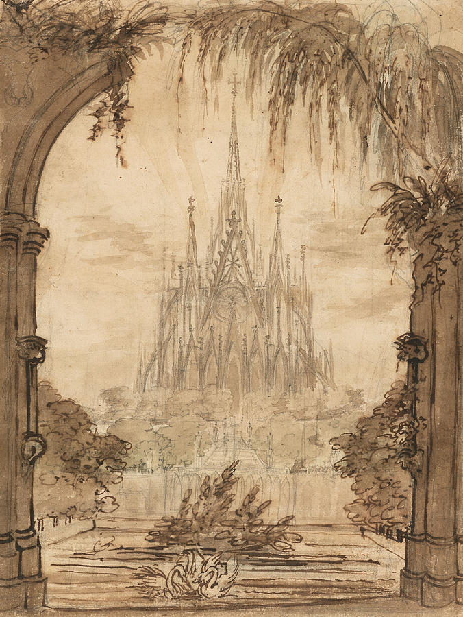 Gothic Cathedral Behind a Pond with Swans Drawing by Karl Friedrich Schinkel