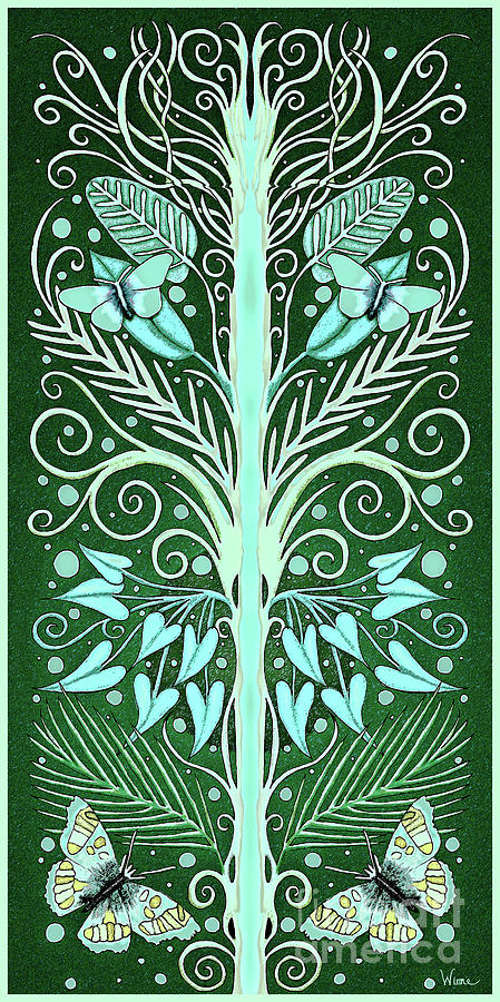 Gothic French Style Tree with Turquoise and Mint Colored Butterflies and Leaves Mixed Media by Lise Winne