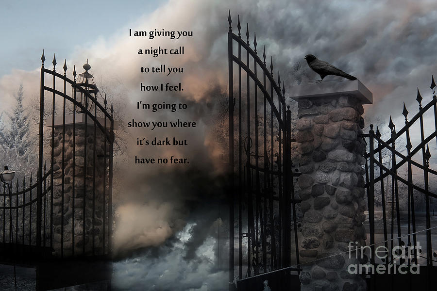 Fantasy Digital Art - Gothic Gate Haunting Raven Crow Surreal Clouds Night Call Quote by Kathy Fornal