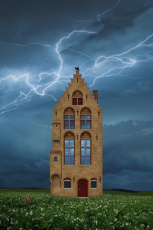 Gothic house on a flowery meadow with lightning and storm clouds Digital Art by Moira Risen