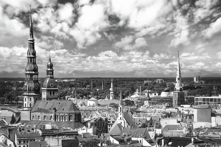 Gothic Spires of Riga Latvia Black and White  Photograph by Carol Japp