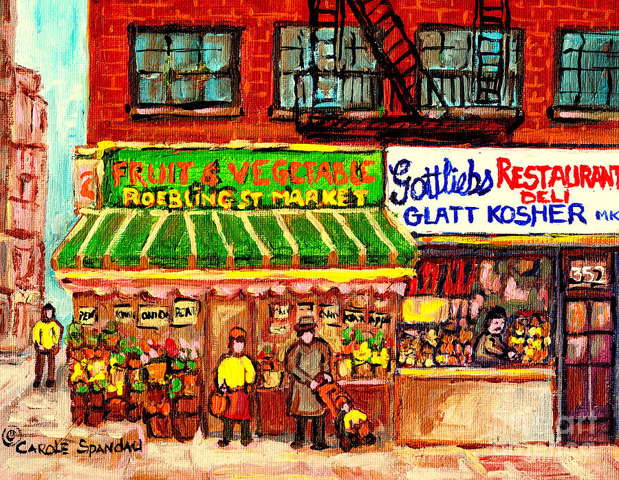New York City Painting - Gottliebs Kosher Deli Roebling Fruit Market New York City Street Scene Painting Usa Cspandau Artist by Carole Spandau