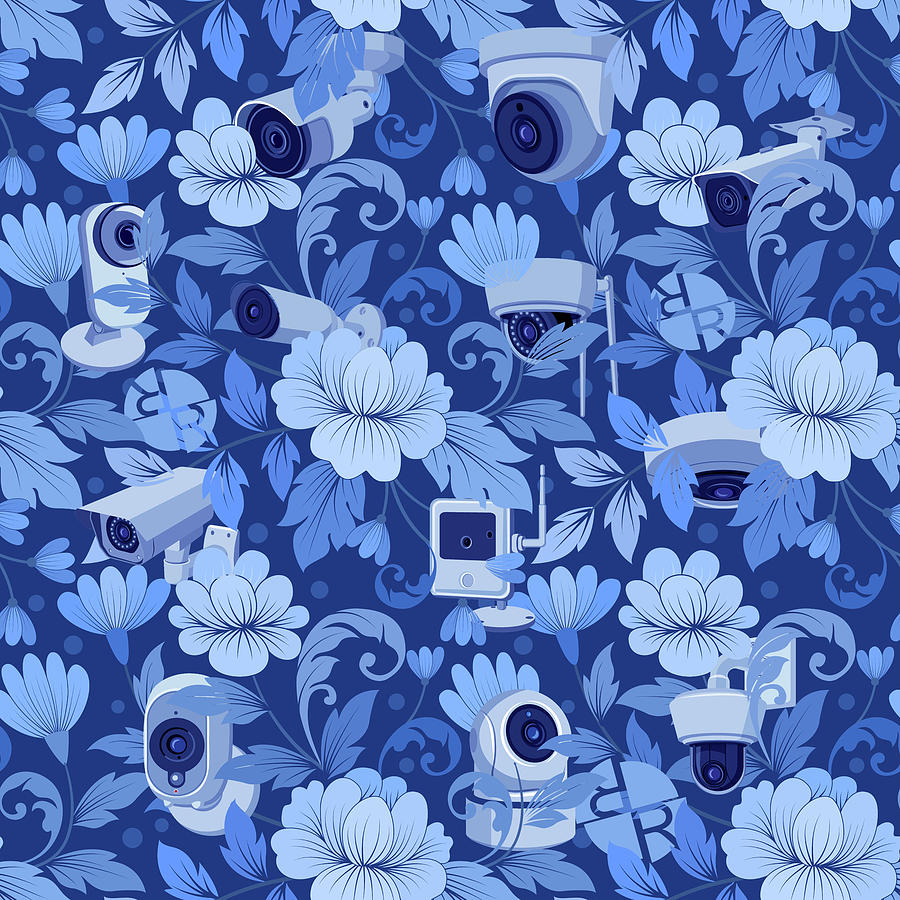 Government Surveillance Floral Pattern CCTV Drone Shirt Wallpaper Painting by Tony Rubino