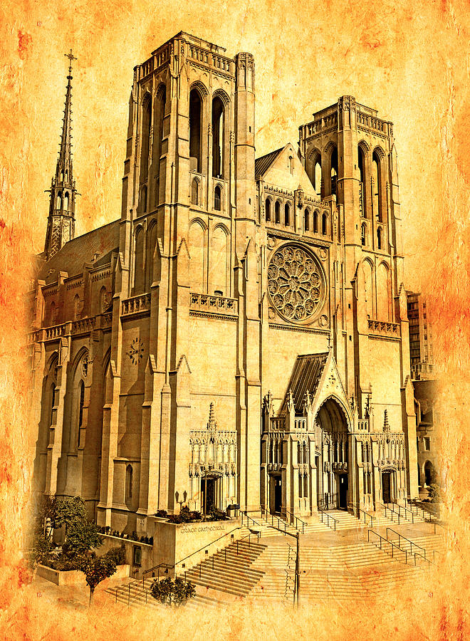 Grace Cathedral, San Francisco blended on old paper Digital Art by Nicko Prints