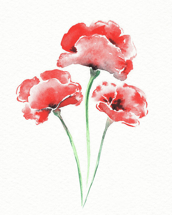 Graceful Beauty Botanical Watercolor Three Red Poppies Flowers  Painting by Irina Sztukowski