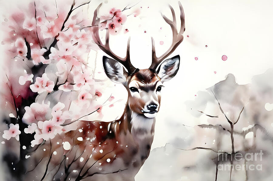 Flower Digital Art - Graceful deer amidst blooming splendor by Sen Tinel