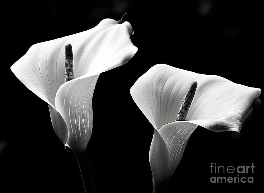 Flower Digital Art - Graceful elegance - two white calla lilies in monochrome by Sen Tinel