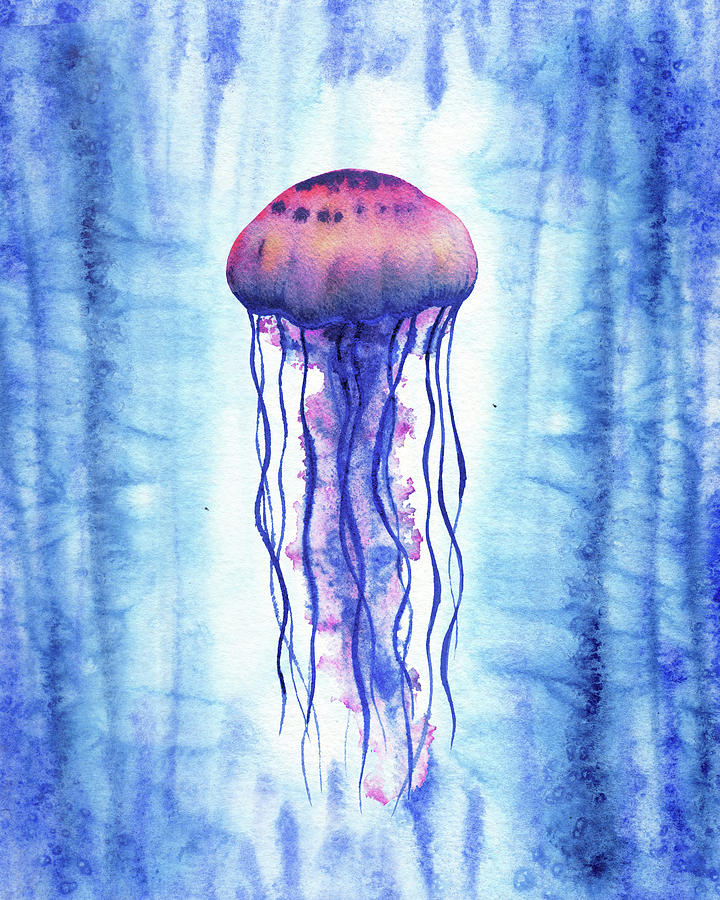 Graceful Jellyfish In Deep Waters Watercolor Painting by Irina Sztukowski