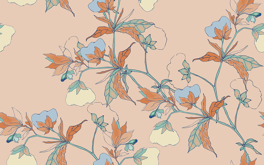 Graceful Ornament Of Cotton Flowers On A Peach Color Background. Seamless Floral Pattern. Hand-drawn Illustration With Botanical Motifs. Drawing