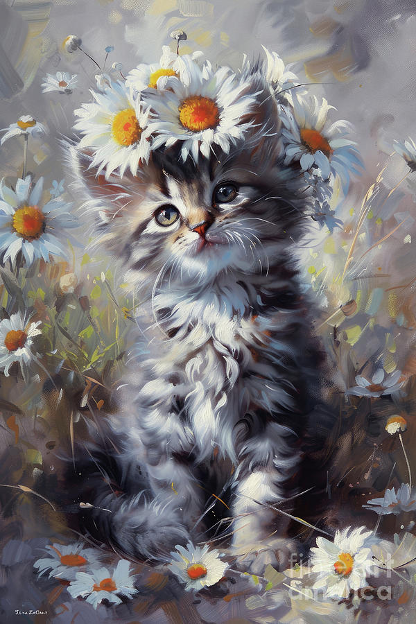 Cat Painting - Gracie In The Daisies by Tina LeCour