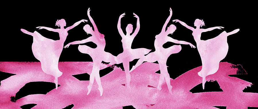 Gracious Pink On Classic Black Watercolor Ballerinas Silhouette  Painting by Irina Sztukowski