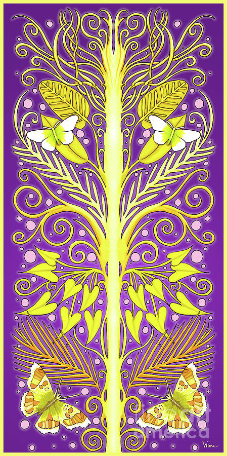 Grafted Tree with Gold and Yellow Leaves and Yellow Butterflies on a Purple Background Mixed Media by Lise Winne