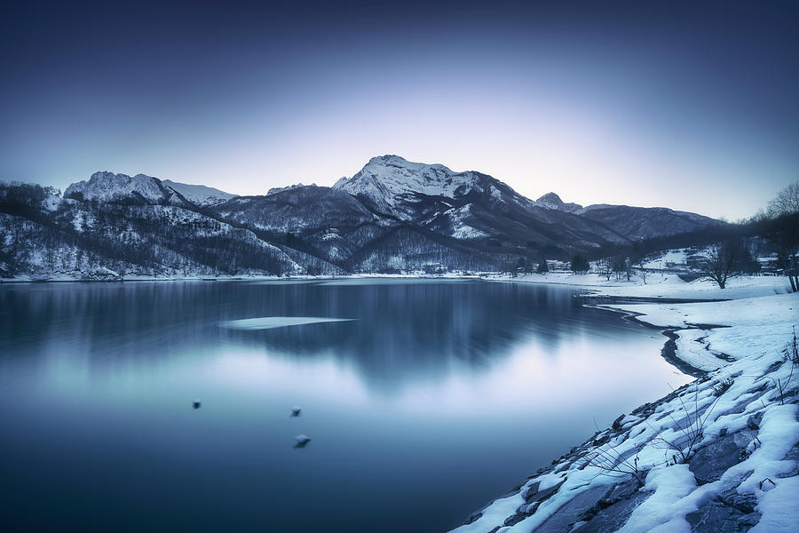 Gramolazzo iced lake and snow in Apuan mountains. Garfagnana, Tu Photograph by Stefano Orazzini