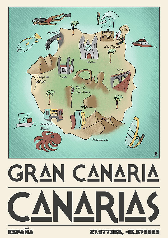 Gran Canaria Illustrated Map Travel Poster Digital Art by Jake Purcell ...