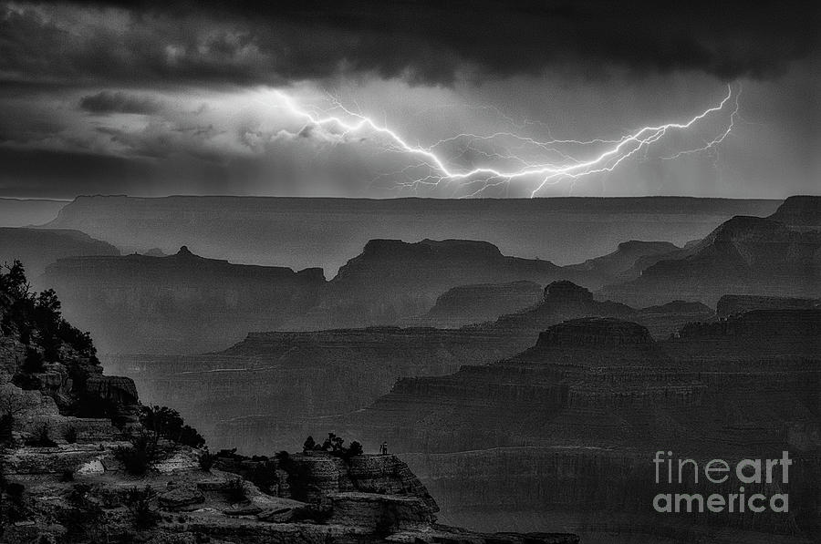 Grand Canyon Lightning Shadows BW Digital Art by Chuck Kuhn