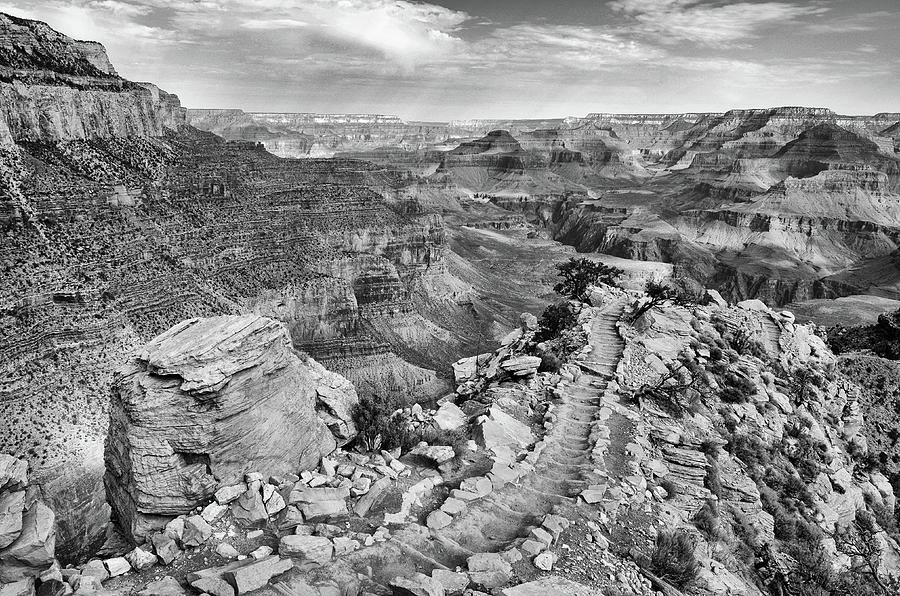 Grand Canyon National Park South Kaibab Hiking Trail Black and White Photograph by Shawn OBrien