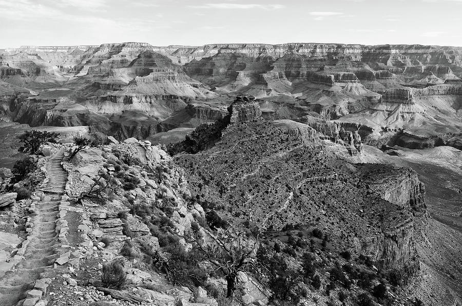 Grand Canyon South Kaibab Hiking Trail and ONeill Butte Black and White Photograph by Shawn OBrien