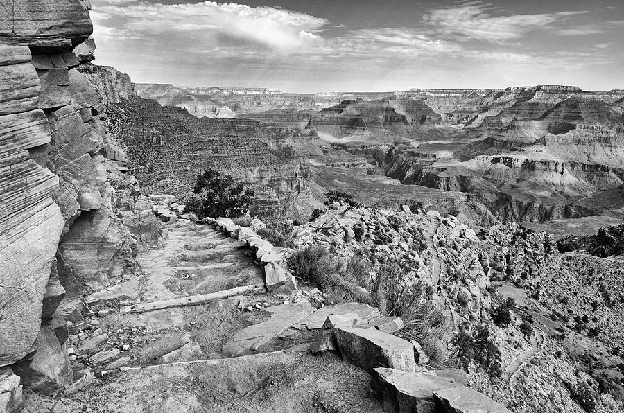 Grand Canyon South Kaibab Hiking Trail Black and White Photograph by Shawn OBrien