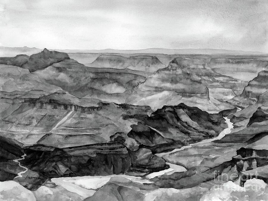 Grand Canyon South Rim In Black And White Painting