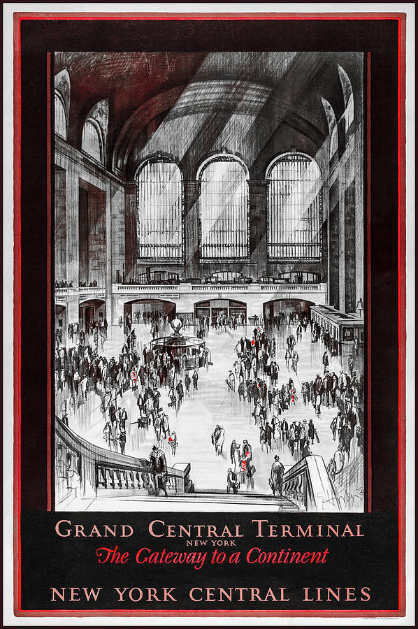 Vintage Photograph - Grand Central Terminal New York Vintage Retro Travel Poster Black White and Red by Carol Japp
