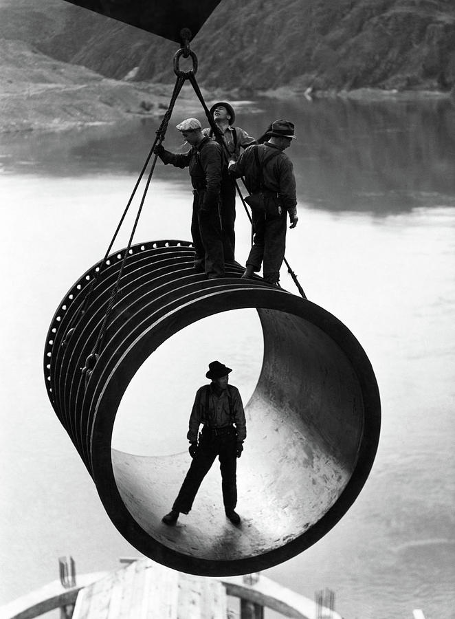 Grand Coulee Dam Construction Workers Flying High - Circa 1940 Photograph by War Is Hell Store