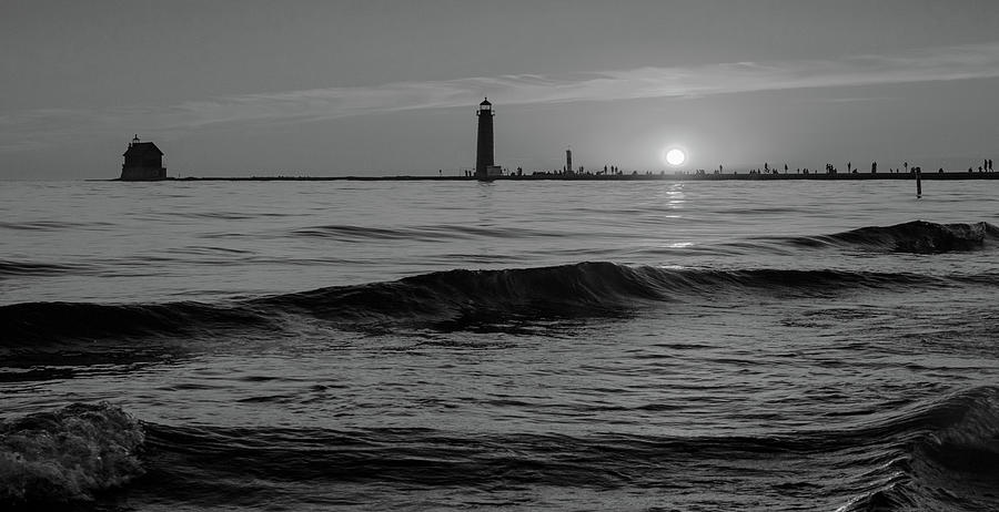 Grand Haven Lighthouse Sunset Black And White Photograph by Dan Sproul