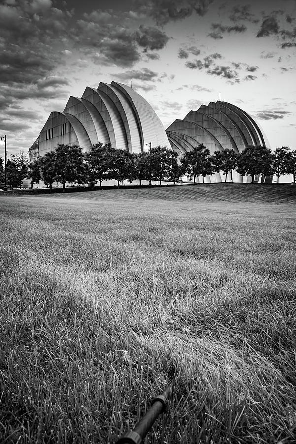 Grand Lawn And Kauffman Center Of Kansas City - Black And White Photograph by Gregory Ballos