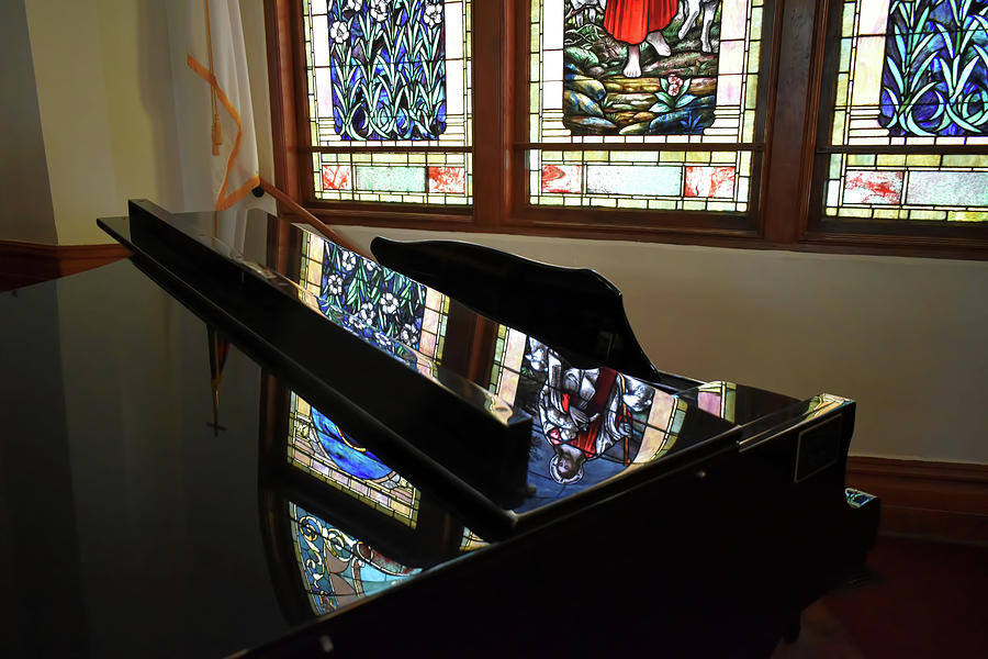 Grand Piano Reflecting Stained Glass Windows Photograph by Kathy K McClellan