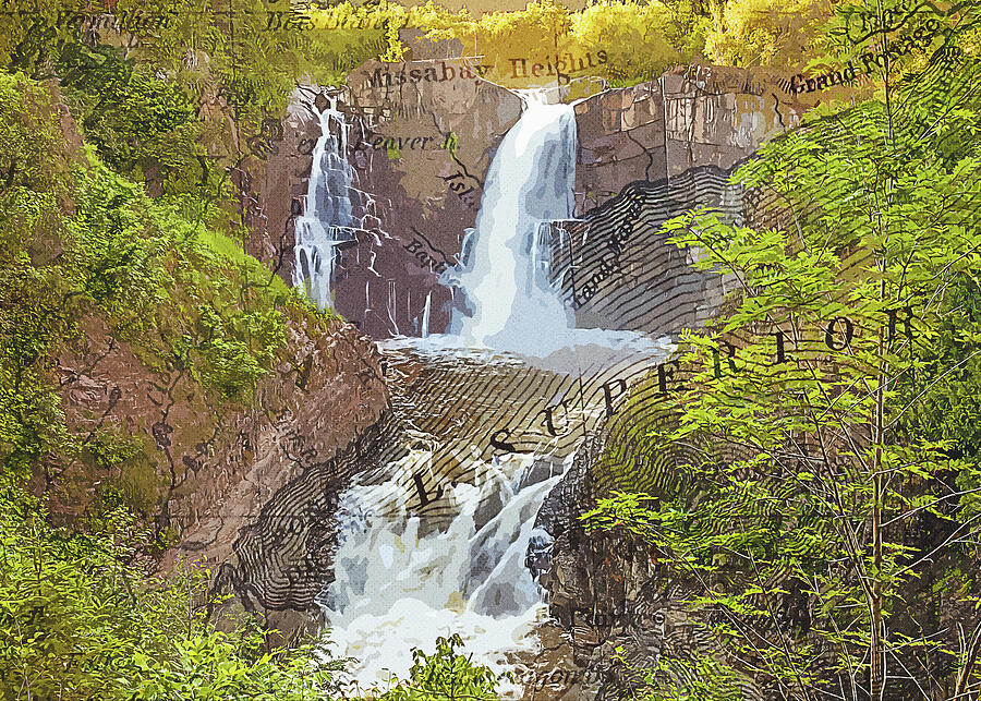 Grand Portage Waterfall And Map Mixed Media by Dan Sproul Grand Portage Waterfall And Map Mixed Media by Dan Sproul
