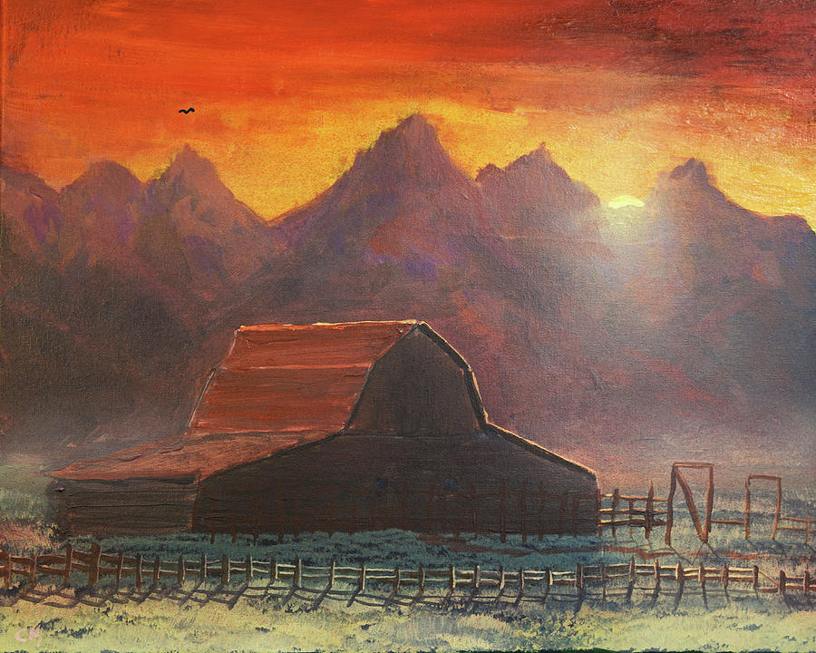 Grand Teton and Moulton Barn Sunset Painting by Chance Kafka