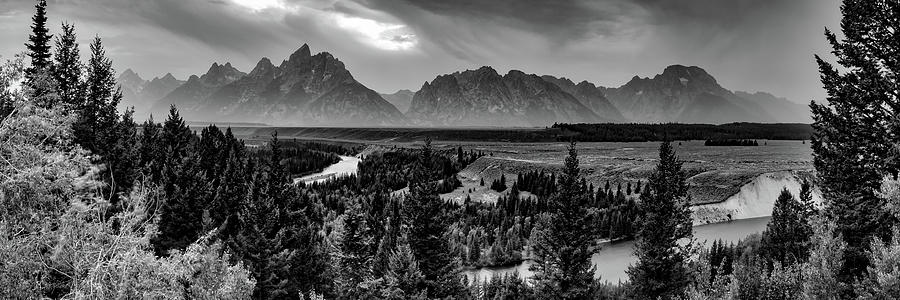 Grand Teton Mountain Range Over Snake River Panorama - Black And White Photograph