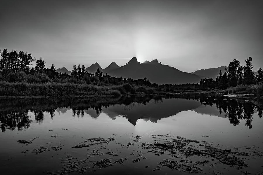 Black And White Photograph - Grand Teton Mountain Range Sunset Reflections Along The Snake River - Black and White by Gregory Ballos