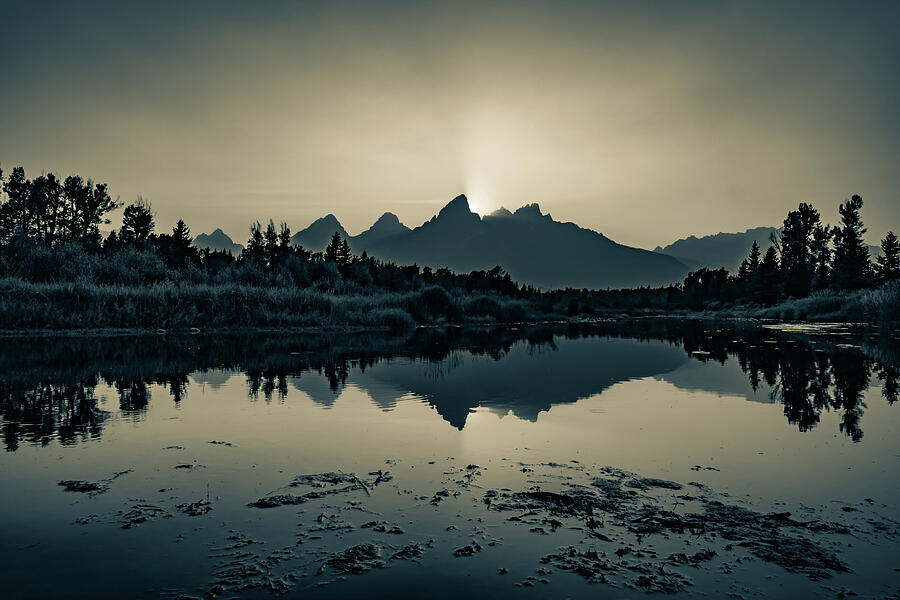 Grand Teton Mountain Range Sunset Reflections Along The Snake River In Sepia Photograph by Gregory Ballos