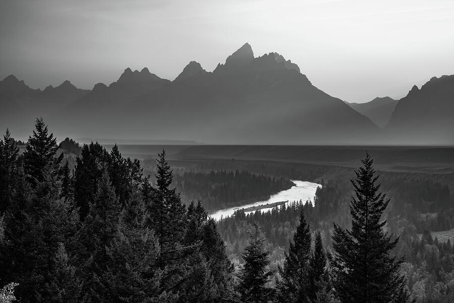 Grand Teton Mountain Silhouettes Over The Snake River - Black And White 