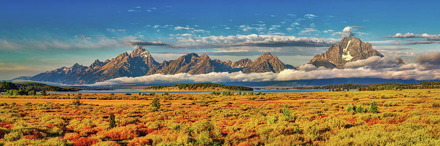 Grand Teton Mountains in Fall Panorama Photograph by Lena Owens - OLena Art Vibrant Palette Knife and Graphic Design