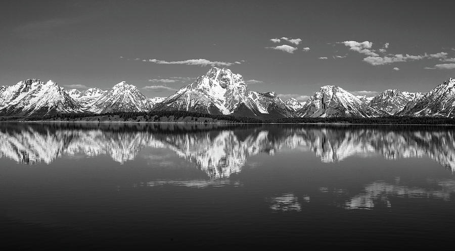 Grand Teton Reflection Jackson Lake Dam Black And White Photograph by Dan Sproul