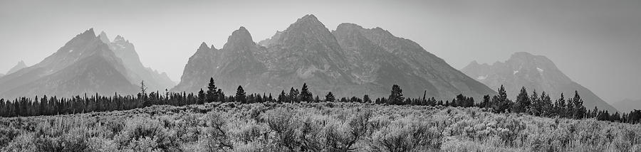 Grand Teton Rugged Peaks Panoramic Mountain Landscape - Black and White Photograph by Gregory Ballos