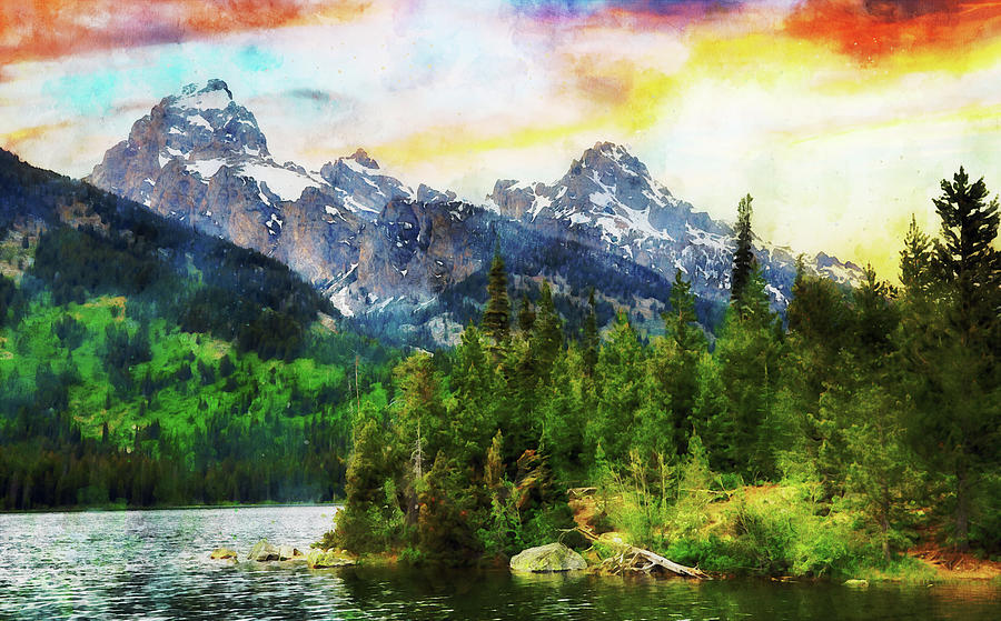 Grand Teton Watercolor Sunset Painting