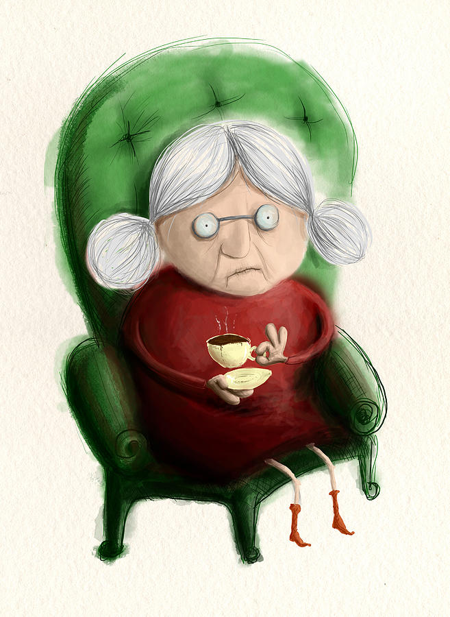 Grandma with coffee on the green armchair Drawing by Kursat Unsal