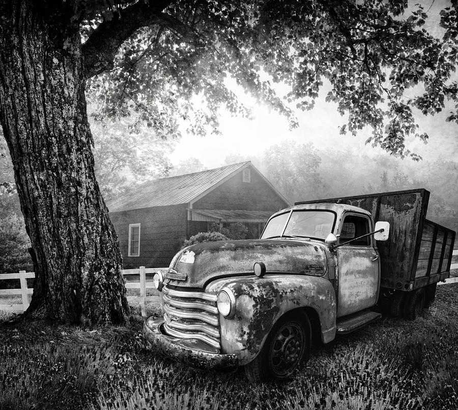 Grandmas House and Grandpas Truck Black and White Photograph by Debra and Dave Vanderlaan